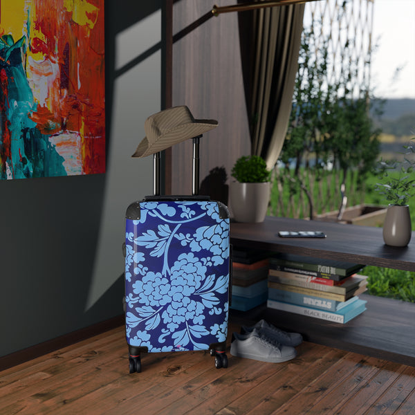 Sky Blue Floral Print Suitcase, Abstract Oriental Style Floral Print Designer Suitcases, Travel Bag Suitcases (Small, Medium, Large)