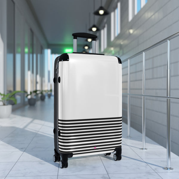 Horizonal Striped Print Suitcases, Black White Stripes Print Best Suitcases, Travel Bag Suitcases