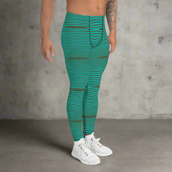 Blue Green Wavy Men's Leggings, Retro Style Wavy Designer Men's Compression Sports Tights - Made in USA/EU/MX