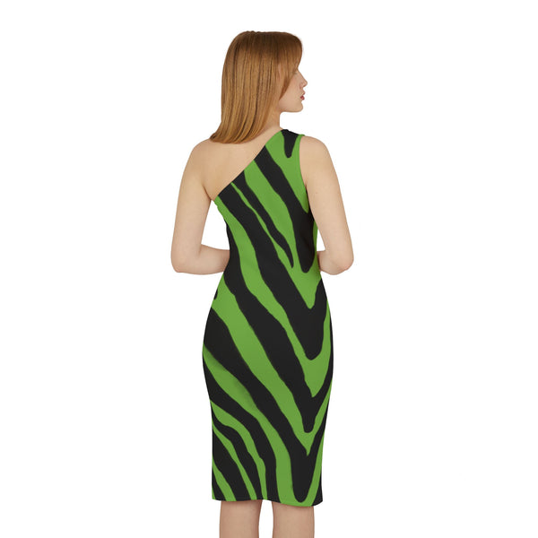 Green Zebra Shoulder Dress, Zebra Pattern Women's Shoulder Dress, Green and Black Best Knee-Length Fitted Stretchy Designer Animal Print Off-The-Shoulder Sleeveless Dress &nbsp;- Made in USA (US Size: XS-XL)