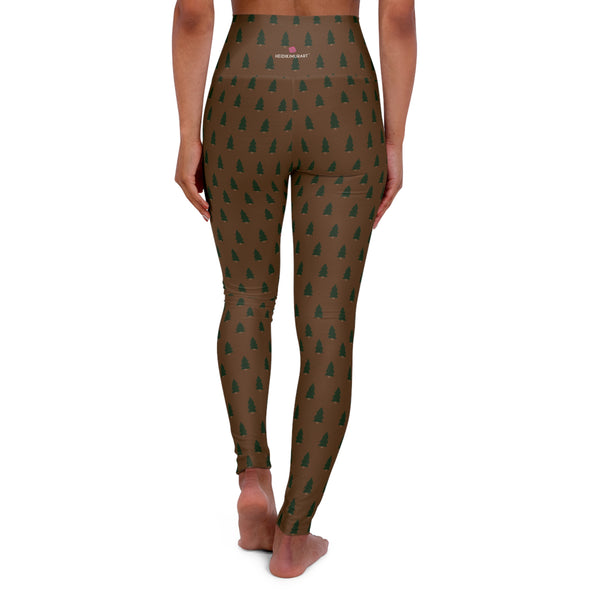 Brown Christmas Tree Yoga Tights, High Waisted Women's Yoga Leggings