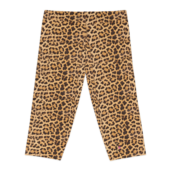 Brown Leopard Women's Capri Leggings, Modern Leopard Animal Print American-Made Best Designer Premium Quality Knee-Length Mid-Waist Fit Knee-Length Polyester Capris Tights-Made in USA (US Size: XS-2XL) Plus Size Available
