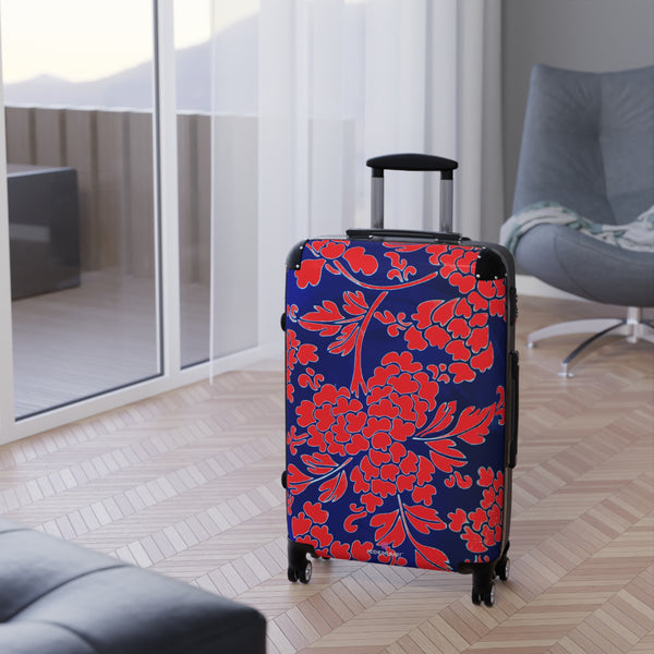 Red Blue Floral Print Suitcase, Abstract Oriental Style Floral Print Designer Suitcases, Travel Bag Suitcases (Small, Medium, Large)