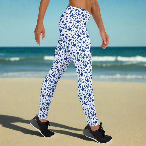 White Blue Star Tights, Star Pattern Best Premium Women's Casual Dressy Leggings- Made in USA/EU