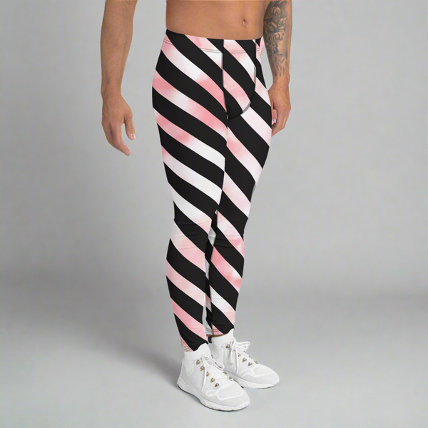 Pink Tie Dye Striped Meggings, Pastel Diagonal Stripes Men's Leggings Compression Pants - Made in USA/EU/MX