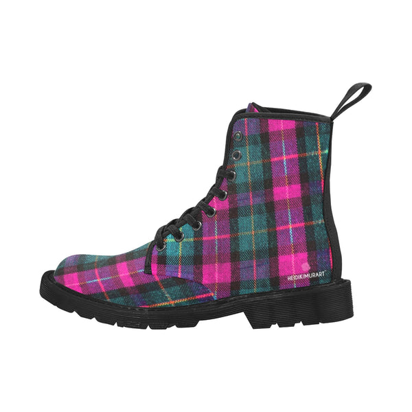 Pink Plaid Women's Canvas Boots, Pink &amp; Green Scottish Style Plaid Classic Print Elegant Feminine Casual Fashion Gifts,&nbsp;Pink Plaid Print&nbsp;Shoes For Plaid Lovers, Water Resistant Anti-Moisture Combat Boots, Designer Women's Winter Lace-up Toe Cap Hiking Boots Shoes For Women (US Size 6.5-11)&nbsp;