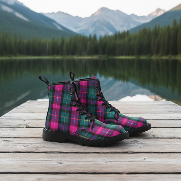 Pink Plaid Women's Canvas Boots, Pink & Green Scottish Style Plaid Print Designer Best Winter Boots For Women (US Size 6.5-11)