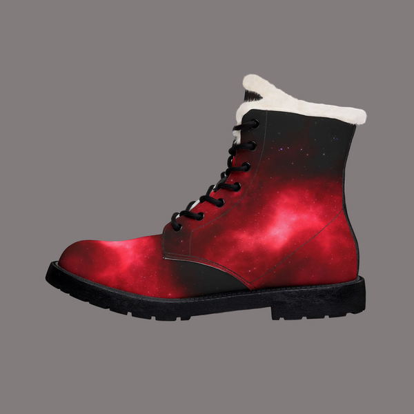 A single lace-up ankle boot with a red and black galaxy print, featuring a white faux-fur collar and a black sole, shown from a side profile on a white background.