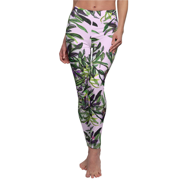Floral Pink Women's Casual Leggings, Made in USA, Size: XS-2XL, Tropical Leaves Print Leggings, Tropical Tight Pants