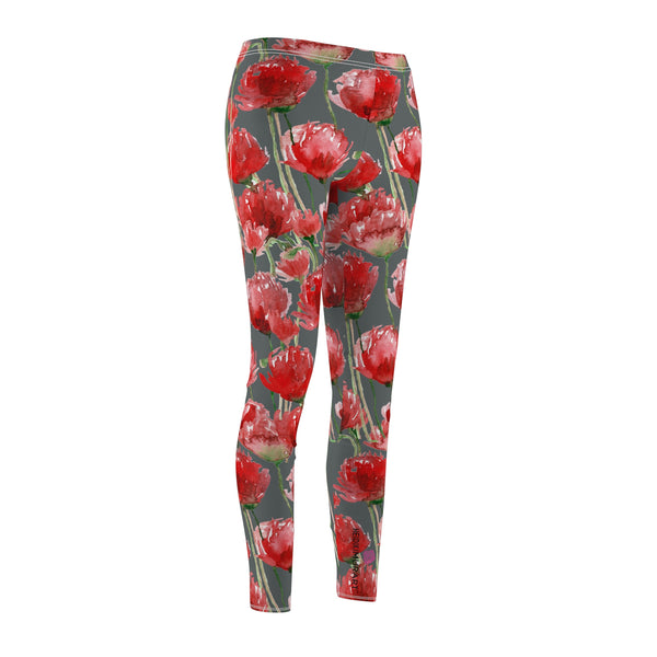 Brown Poppy Floral Casual Tights, Women's Floral Casual Leggings