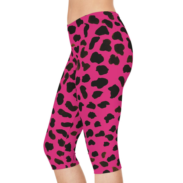 Pink Cow Spots Women's Tights, Cow Spots Print Women's Capri Leggings, Cow Animal Print American-Made Best Designer Premium Quality Knee-Length Mid-Waist Fit Knee-Length Polyester Capris Tights-Made in USA (US Size: XS-2XL) Plus Size Available