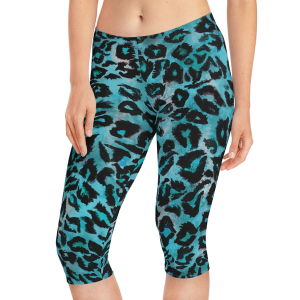 Blue Leopard Women's Capri Leggings, Modern Leopard Animal Print American-Made Best Designer Premium Quality Knee-Length Mid-Waist Fit Knee-Length Polyester Capris Tights-Made in USA (US Size: XS-2XL) Plus Size Available