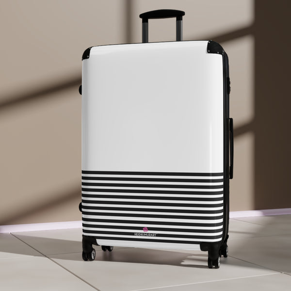 Horizonal Striped Print Suitcases, Black White Stripes Print Best Suitcases, Travel Bag Suitcases