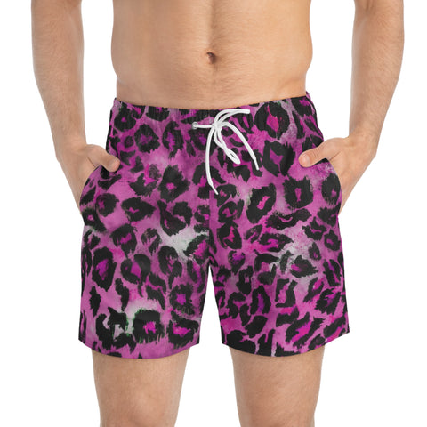 Pink Leopard Men's Swim Trunks, Pink Best Designer Leopard Animal Print Swim Trunks For Men (US Size: XS-3XL) Animal Print Mid-Length Shorts Beach Pockets Mesh Lining Drawstring Luxury Cool Guys Casual Bathing Suit Plus Size Available Swimwear For Men