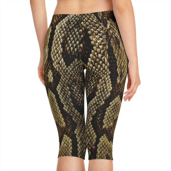 Snake Print Women's Capri Leggings, Reptile Snake Print American-Made Best Designer Premium Quality Knee-Length Mid-Waist Fit Knee-Length Polyester Capris Tights-Made in USA (US Size: XS-2XL) Plus Size Available