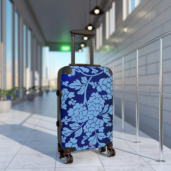 Sky Blue Floral Print Suitcase, Abstract Oriental Style Floral Print Designer Suitcases, Travel Bag Suitcases (Small, Medium, Large)