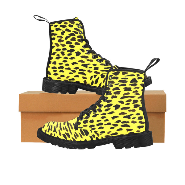 Yellow Cheetah Print Men Hiker Boots, Yellow and Brown Animal Print Combat Work Hunting Boots, Anti Heat + Moisture Designer Men's Winter Boots Laced Up Best Hiking Shoes (US Size: 7-10.5)&nbsp;Yellow Cheetah Men's Boots | Best Hiking Winter Boots Laced Up Shoes For Men | Cheetah Canvas Boots | Cheetah Print Boots | Mens Work Boots