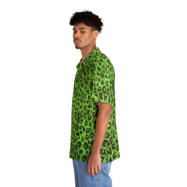 Green Leopard Men's Shirt, Best  Animal Print  Men's Hawaiian Shirt
