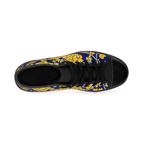 Yellow Floral  Men's High Tops, Blue Floral Print Best Designer Men's Classic Sneakers