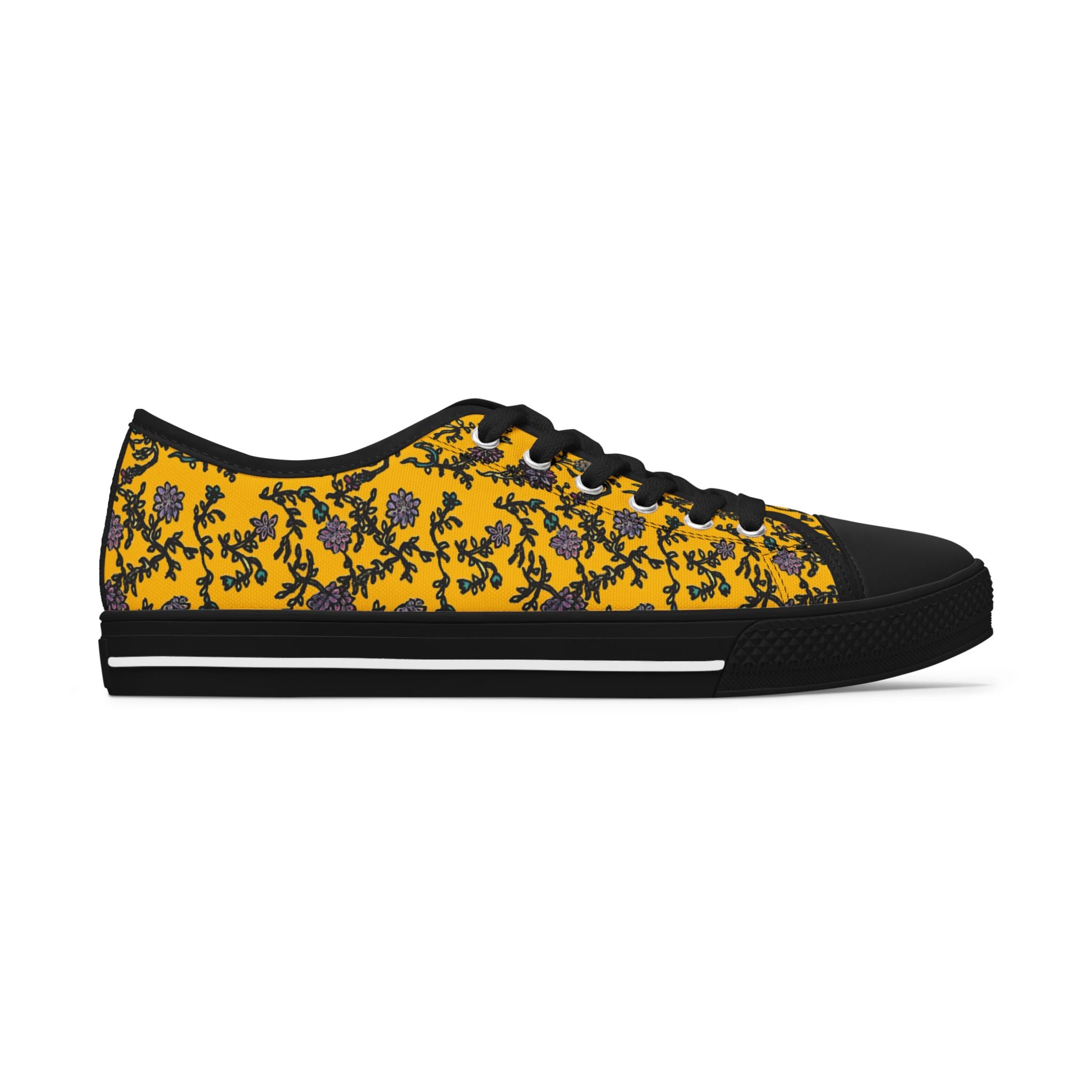 Yellow Purple Floral Women's Sneakers, Floral Print Women's Low Top Sneakers Tennis Shoes, Canvas Fashion Sneakers With Durable Rubber Outsoles and Shock-Absorbing Layer and Memory Foam Insoles&nbsp;(US Size: 5.5-12)