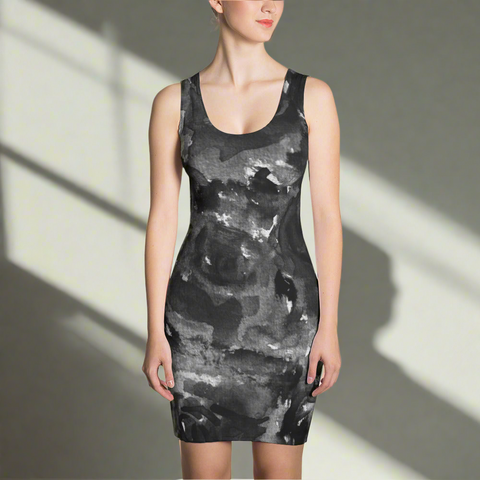 Black Rose Floral Print Dress, Grey Abstract Best Women's Long Sleeveless Designer Dress - Made in USA/EU