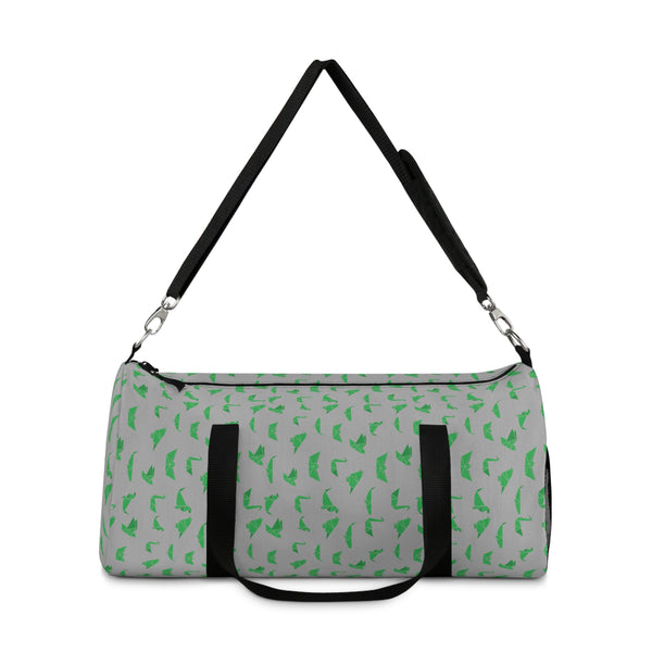 Grey Crane Print Duffel Bag, Green Japanese Crane Print Pattern Print Designer Premium All Day Small Or Large Size Duffel or Gym Bag, Made in USA, Womens Large Patterned Duffle Bag, Gym Bag For Ladies, Patterned Duffle Bag