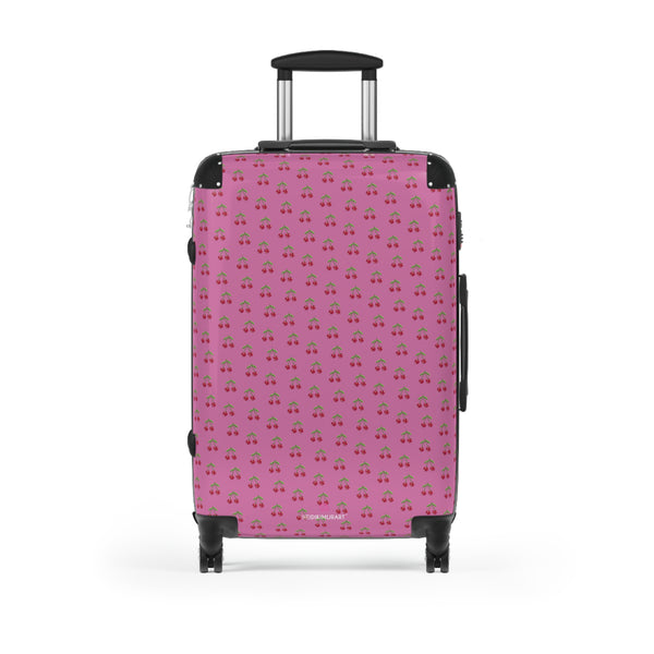 Pink Cherry Print Suitcase, Cute Red Cherries Print Designer Suitcases, Travel Bag Suitcases