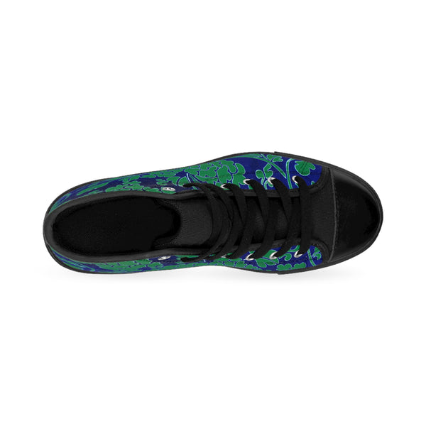 Green Floral  Men's High Tops, Green and Blue Floral Best Designer Men's Classic Sneakers