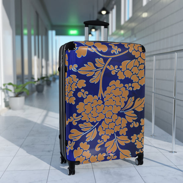 Brown Blue Floral Print Suitcase, Abstract Oriental Style Floral Print Designer Suitcases, Travel Bag Suitcases (Small, Medium, Large)