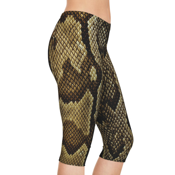 Snake Print Women's Capri Leggings, Reptile Snake Print American-Made Best Designer Premium Quality Knee-Length Mid-Waist Fit Knee-Length Polyester Capris Tights-Made in USA (US Size: XS-2XL) Plus Size Available