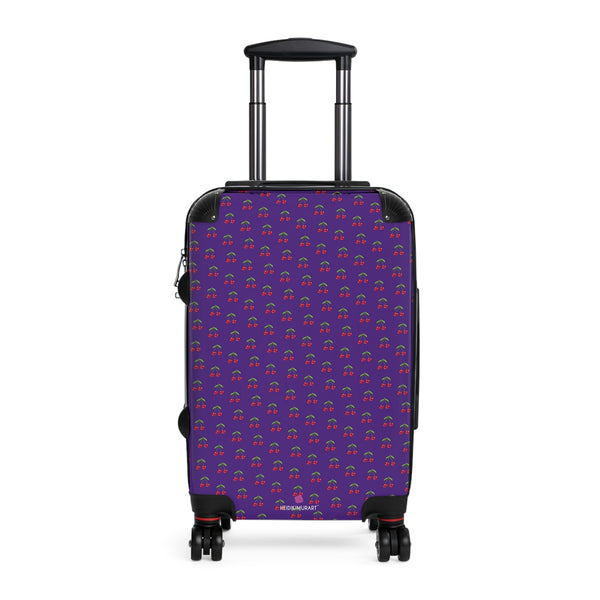 Purple Cherry Print Suitcase, Cute Red Cherries Print Designer Suitcases, Travel Bag Suitcases