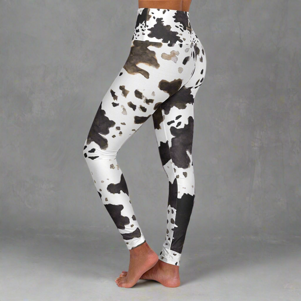 Cow Print Yoga Tights, High Waisted Yoga Leggings, Patterned Long Women's Pants-Made in USA