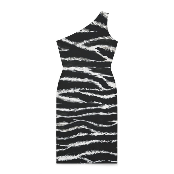 Black Zebra Shoulder Dress, Black and White Zebra Pattern Women's Shoulder Dress, White and Black Best Knee-Length Fitted Stretchy Designer Animal Print Off-The-Shoulder Sleeveless Dress &nbsp;- Made in USA (US Size: XS-XL)