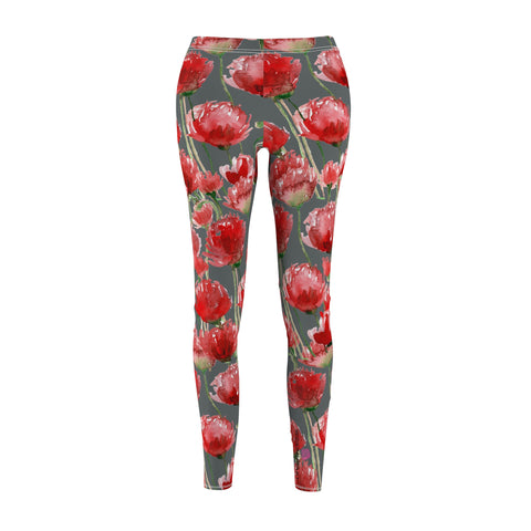 Grey Poppy Flower Tights, Best Grey and Red Poppy Flower Cute Elegant Chic Designer Floral Print Skinny Fit Best Long Women's Tights / Fashion Floral Print Skinny Fit Designer Premium Quality Casual Leggings - Made in USA (US Size: XS-2XL) Plus Size Available&nbsp;