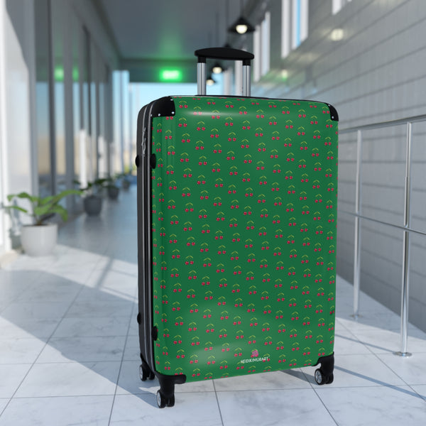 Green Cherry Print Suitcase, Cute Red Cherries Print Designer Suitcases, Travel Bag Suitcases