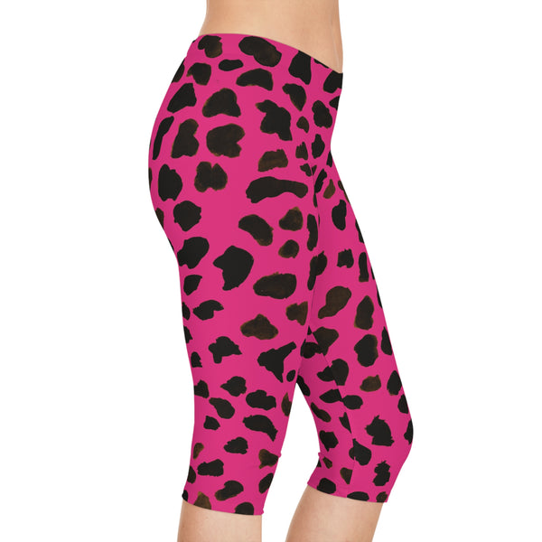 Pink Cow Spots Women's Tights, Cow Spots Print Women's Capri Leggings, Cow Animal Print American-Made Best Designer Premium Quality Knee-Length Mid-Waist Fit Knee-Length Polyester Capris Tights-Made in USA (US Size: XS-2XL) Plus Size Available