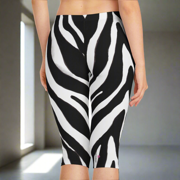 Zebra Print Women's Capri Leggings, Zebra Striped Animal Print Best Knee-Length Polyester Capris Tights-Made in USA (US Size: XS-2XL)