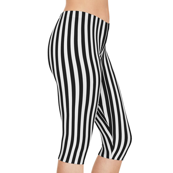 White Black Striped Women's Tights, Vertical Striped Print Women's Capri Leggings