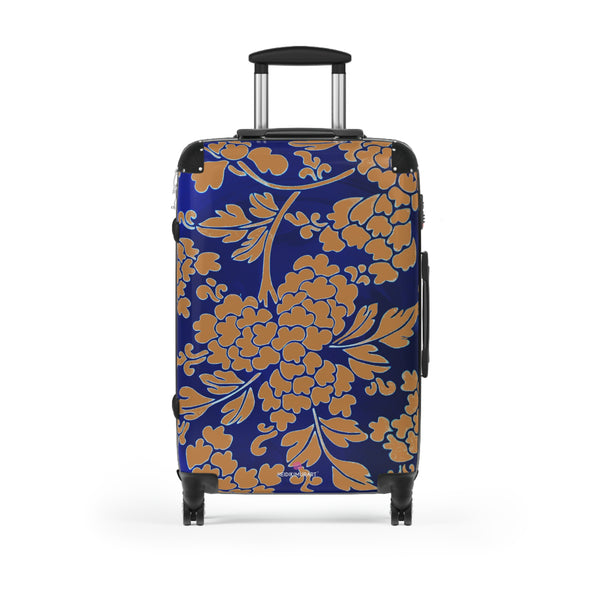 Brown Blue Floral Print Suitcase, Abstract Oriental Style Floral Print Designer Suitcase Luggage (Small, Medium, Large) Unique Cute Spacious Versatile and Lightweight Carry-On or Checked In Suitcase, Best Personal Superior Designer Adult's Travel Bag Custom Luggage - Gift For Him or Her - Printed in&nbsp; Canada