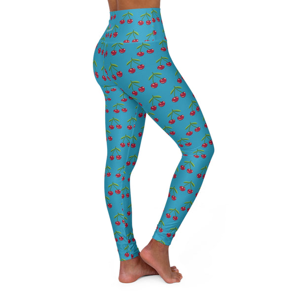 Blue Cherries  Women's Tights, High Waisted Yoga Leggings