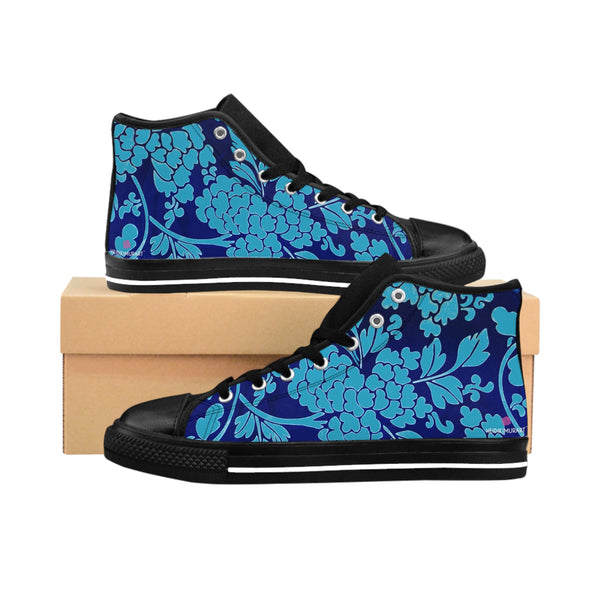 Blue Floral  Men's High Tops, Blue Floral Print Best Designer Men's Classic Sneakers