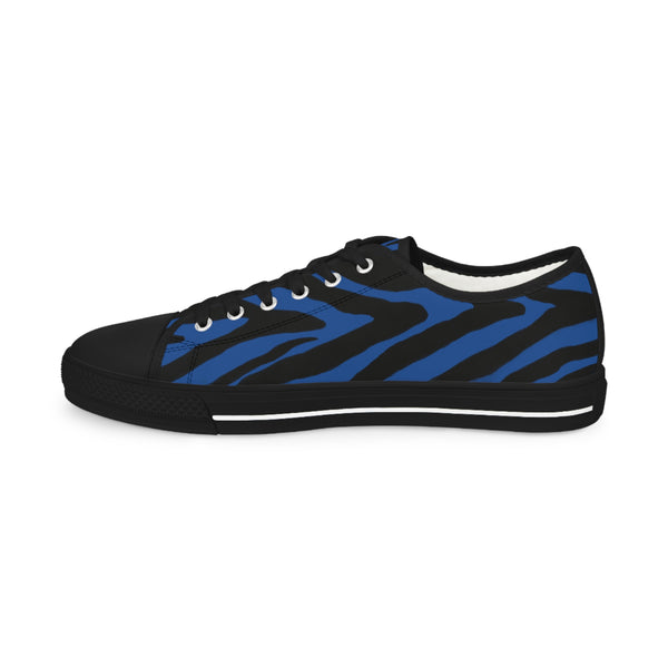 Blue Zebra Print Men's Sneakers, Blue and Black Zebra Striped Animal Print Modern Minimalist Best Breathable Designer Men's Low Top Canvas Fashion Sneakers With Durable Rubber Outsoles and Shock-Absorbing Layer and Memory Foam Insoles (US Size: 5-14)