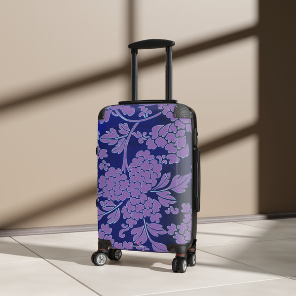 Purple Blue Floral Print Suitcase, Abstract Oriental Style Floral Print Designer Suitcases, Travel Bag Suitcases (Small, Medium, Large)