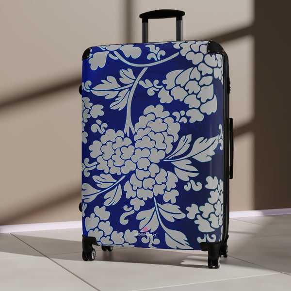 Grey Blue Floral Print Suitcase, Abstract Oriental Style Floral Print Designer Suitcases, Travel Bag Suitcases (Small, Medium, Large)