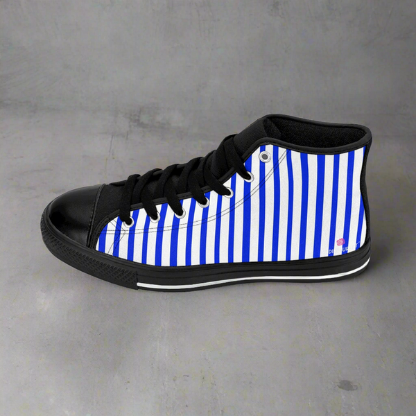 Blue White Striped Men's Sneakers, Designer Men's High Top Sneakers Running Fashion Canvas Shoes