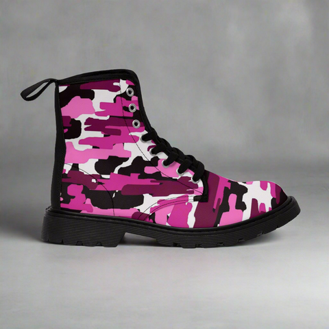 Purple Pink Camo Men's Boots, Camouflage Military Army Canvas Winter Hiking Boots (US Size: 7-10.5)