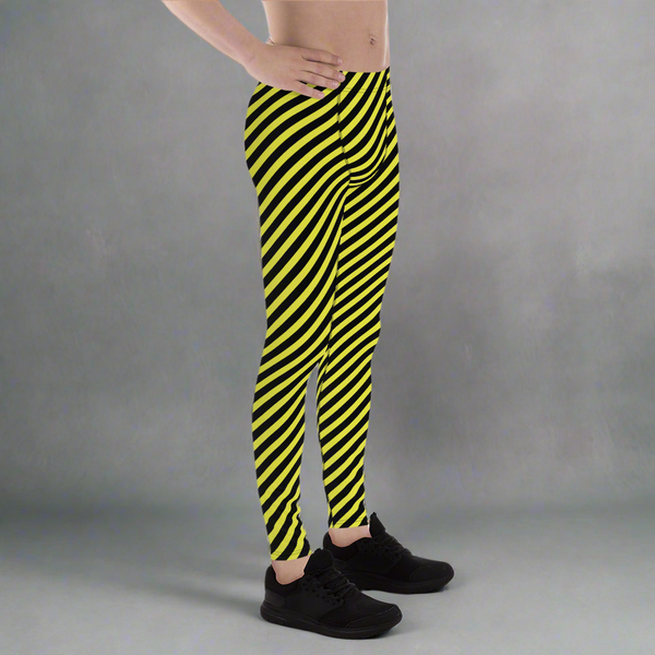 Colorful Diagonally Striped Meggings, Yellow and Black Diagonal Striped Best Abstract Designer Print Sexy Meggings Men's Workout Gym Tights Leggings, Men's Compression Tights Pants - Made in USA/ EU/ MX (US Size: XS-3XL)&nbsp;