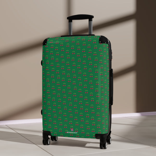 Green Cherry Print Suitcase, Cute Red Cherries Print Designer Suitcases, Travel Bag Suitcases