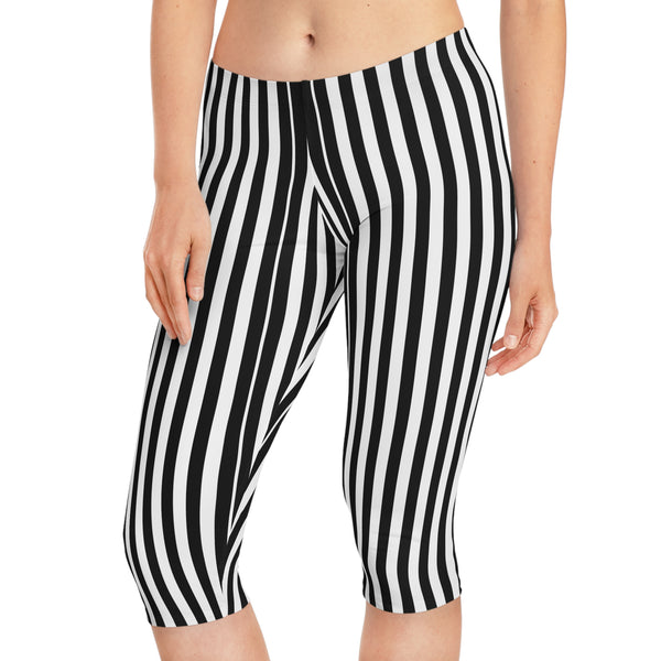 White Black Striped Women's Tights, Vertical Striped Print Women's Capri Leggings