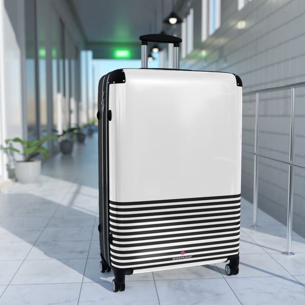 Horizonal Striped Print Suitcases, Black White Stripes Print Best Suitcases, Travel Bag Suitcases